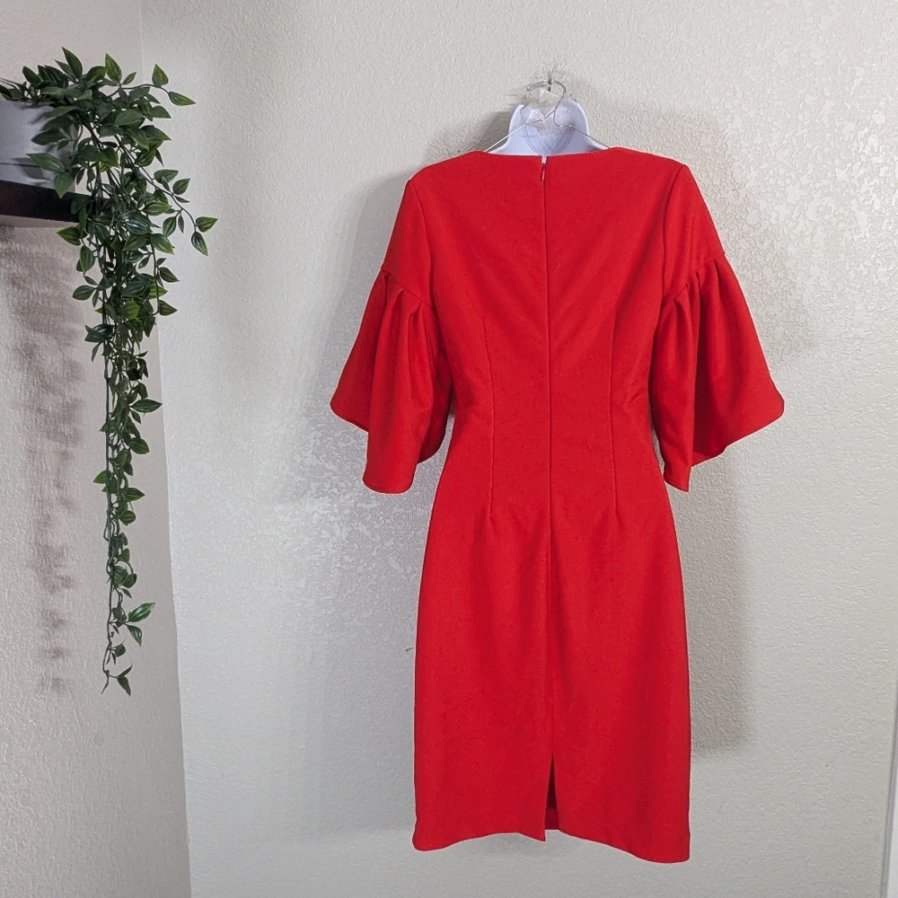 Badgley Mischka Red Knee Length Scuba Sheath Dress 3/4 Bell Sleeves Formal 0 - Picture 3 of 13